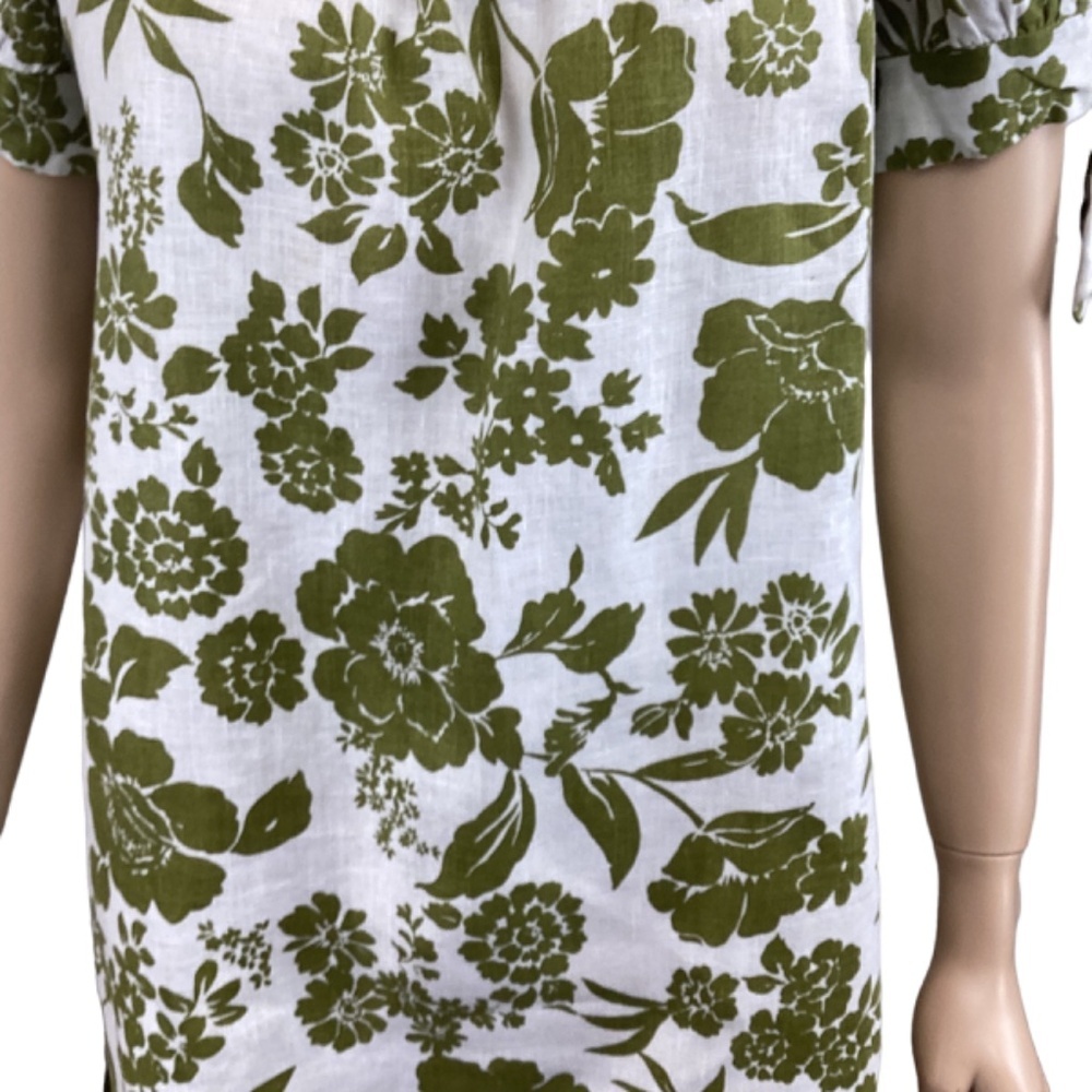 Alexandra Bartlett 100% Linen‎ White & Olive Green Dress Size Medium Puff Short - Picture 5 of 8